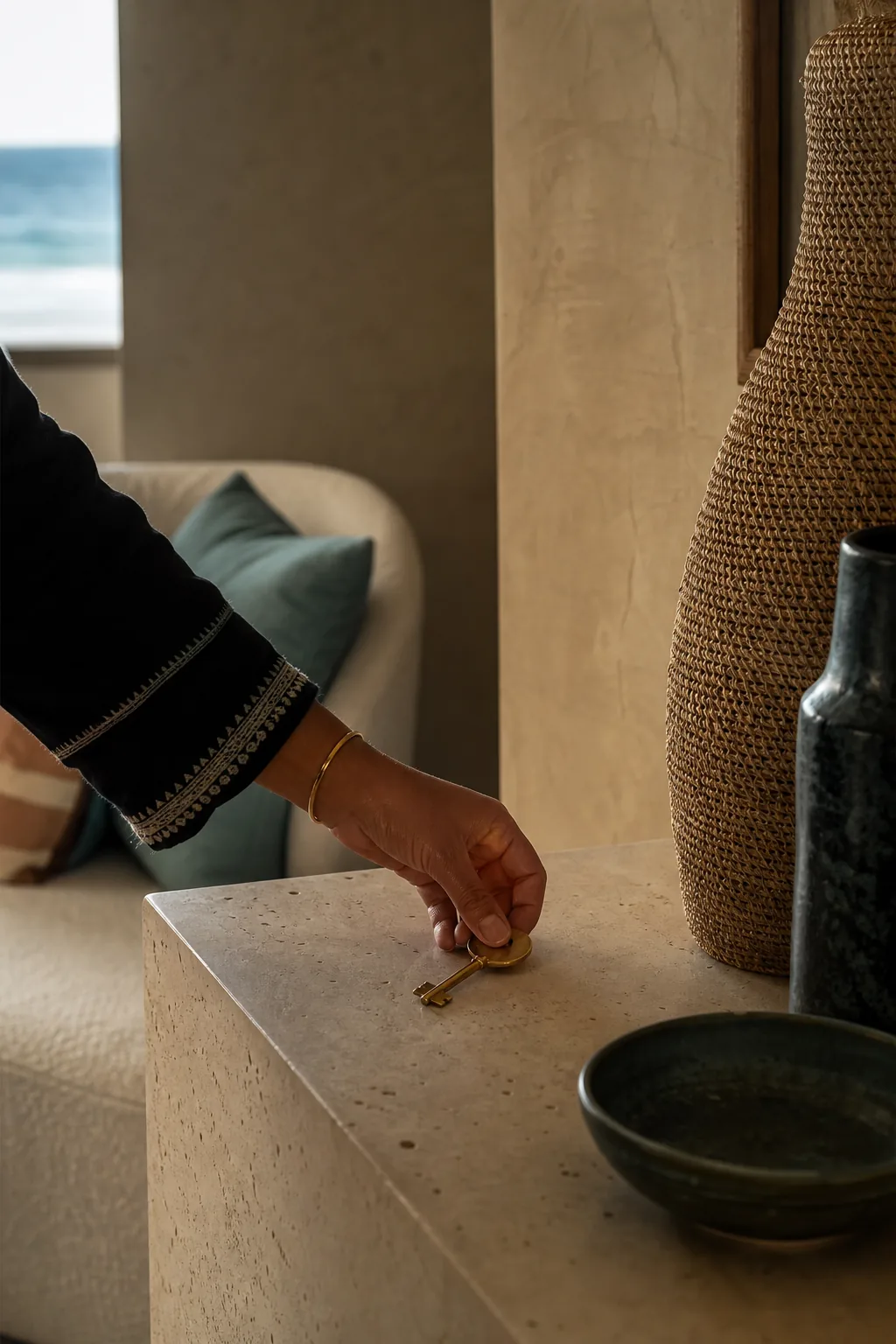 A hand placing a key in a residential interior