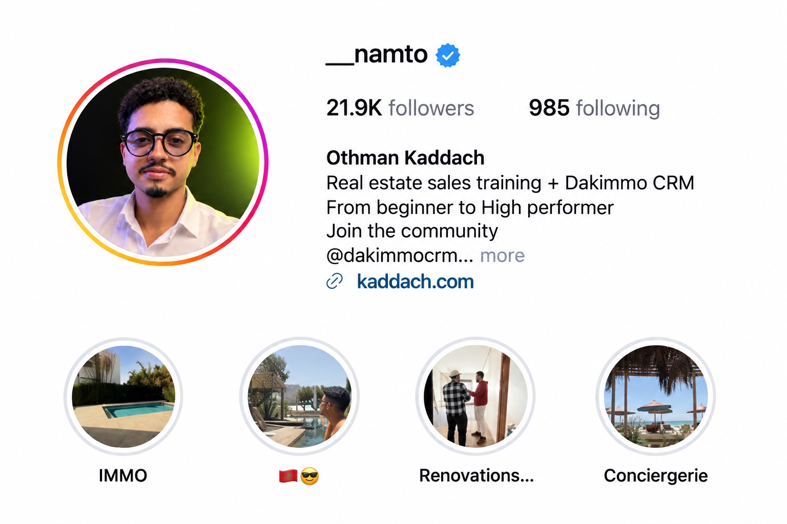 معاينة لحساب عثمان قدّاش على إنستغرام، @__namto، مع صورته الجديدة ونبذته والقصص البارزة.